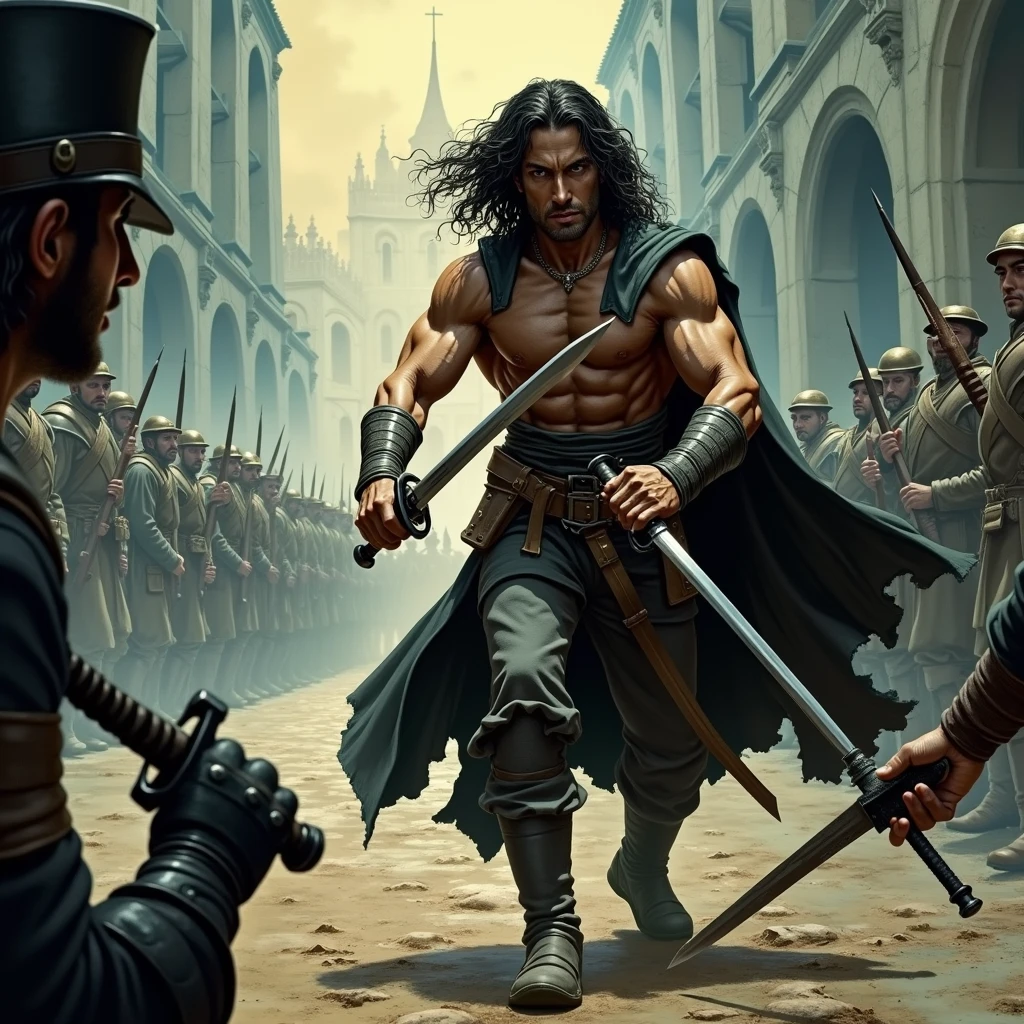 Sword duel of shirtless Solomon Kane with a 16th century English army captain. Set in a barracks surrounded by soldiers. Frazetta art.
