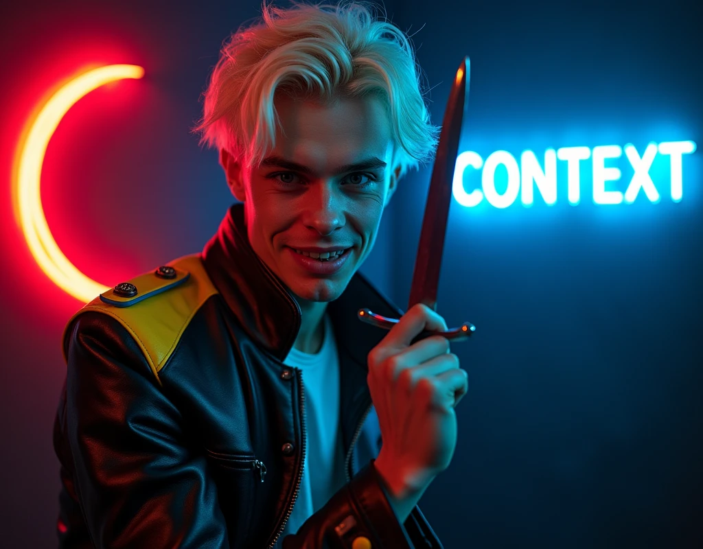 male fashion model,181cm tall, 22 years, pale skin, blue eyes, short platinum blond messy hair with side swept bangs, black leather asymmetrical zip jacket with yellow and bright blue leather accents, holding a dagger up:1.2, dark lighting, inside luxury BDSM room, evil smirk expression, sharp inhuman teeth, neon red crescent moon and blue neon sign in background that says "CONTEXT"