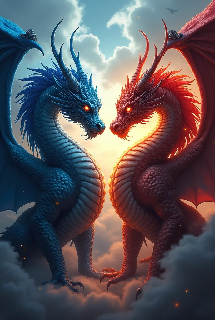 I would like you to create an art with the Dragon Rider's logo with two dragons behind, one blue and one red facing each other