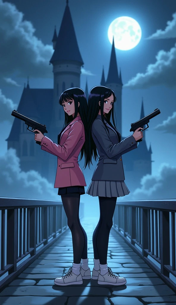Two womens long black hairs, yuri,
(The first women wear a pink suit, black shirt, pink skirts, black tight, white socks, white sneakers)
(The second women wore a grey suit, black shirt, grey skirts, black tights, white socks, white sneakers)
holding a handguns, back to back on the long foggy bridge, smiles, night vampire castle, fantastic night sky, moon, cartoon novel, 4K, HD