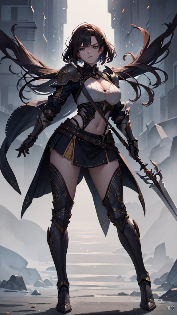 (masterpiece, 4K ,Super detailed:1.2), (anime:1), (Perfect quality), (((Adult body))), ((Spear-wielding, Combat Ready)), The whole body is shown, Looking at the viewer, Big body, Gladiator、armor, Heavy equipment, A look of contempt, brutal, violent, tall, Tomboy