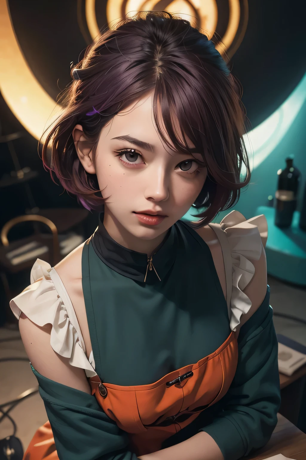 concept art, overhead angle of a Will-o'-the-wisp, wearing Funny Somali Emerald deep orange Pinafore, Caramel hair styled as Short hair, fluorescent purple Hair tie, equirectangular 360, Highres,  [(art by Willi Baumeister:1.1), (art by John T. Biggers:1.2)::17], official art, unity 8k wallpaper, ultra detailed, aesthetic, masterpiece, best quality, photorealistic