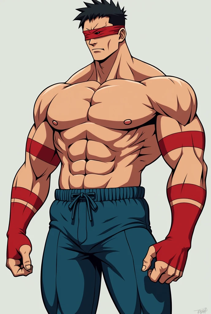 Physicist: masculine, muscular and with an imposing presence.
vision: blind, with a red band covering his eyes.
torso: wearing no shirt, showing off his muscles.
arms: Red stripes on both forearms, contrasting with the skin.
body hair: blackw, short and fully exposed, without any track.
lowrise: Plain blue shorts, simple and functional. It's an anime character and the red stripe is on the right and left forearms.