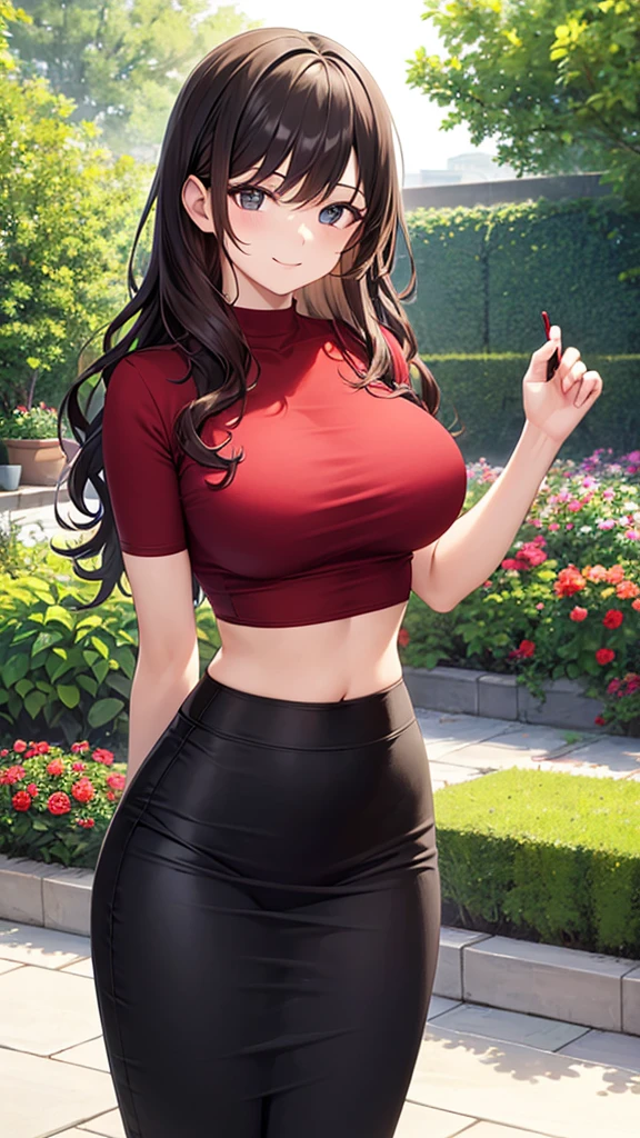 masterpiece, best quality, high detail, beautiful woman, wavy hair, dark brown hair, large bust, red t-shirt, long black pencil skirt, midriff, upper body, sneakers, looking at viewer, light smile, garden, backyard,