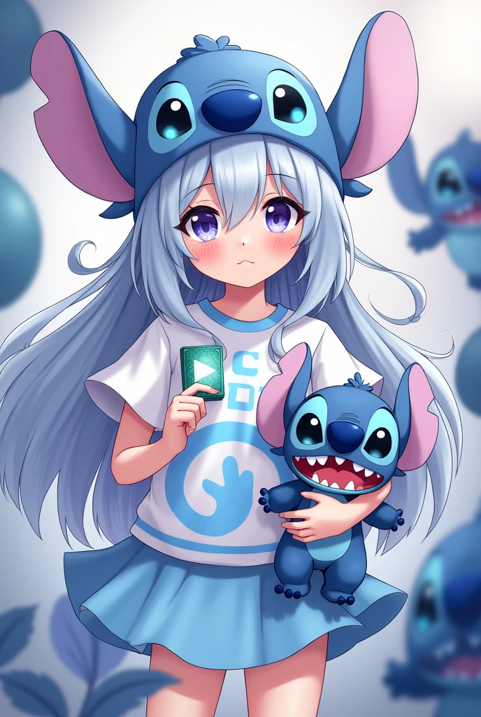 1 young girl, con un gorro de stich, her stich t-shirt, light blue skirt, in her hand a stich plushie, light blue hair, long and fringed.