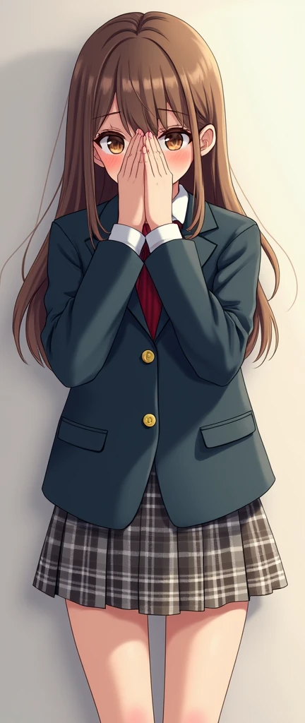 One boy, Jacket, tie, Checked mini skirt, Childhood friend, Women's uniforms, Women, Embarrassing , To hide one's face with one's hands