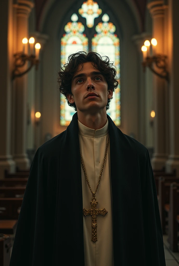 Generates an image of a Catholic holy man with the exact face and features of actor Timothee Chalamet 