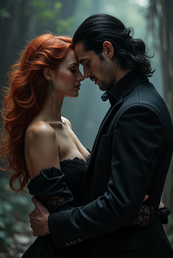 A cover for a dark romance book about vampires and humans ,the girl is human, redhead, brunette, slightly stuffed and the boy is a white vampire, black hair and dark eyes