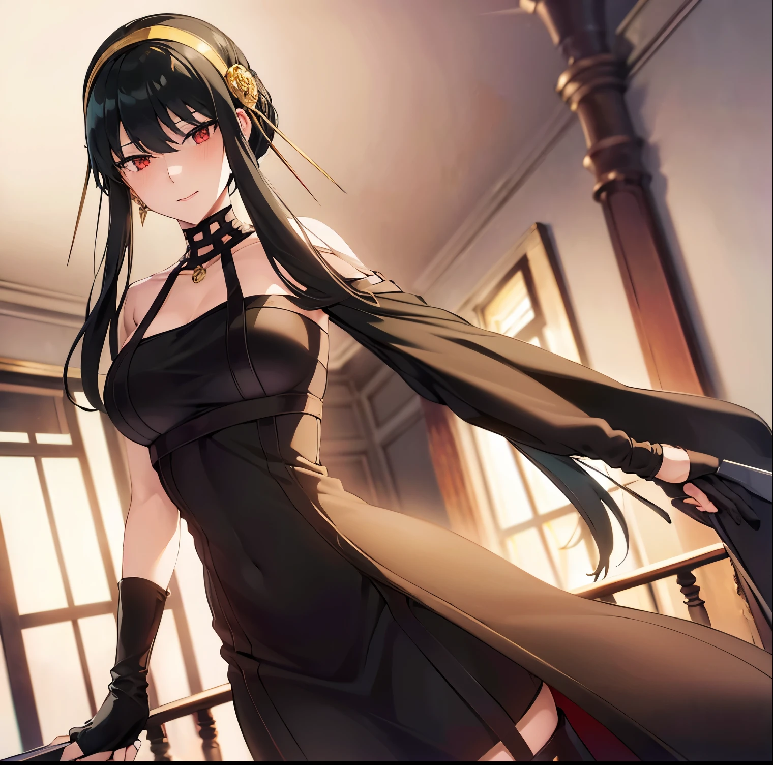 ((1girl)),((alone)),Yor forger,(masterpiece), (best quality), (ultra detailed), (best illustration), (best shadow), (absurdities), sharp focus, cowboy photo , mature woman, looking at viewer, big breasts, narrow waist, wide hips, wide thighs, round butt, dynamic posture, gold headband, red eyes, black hair, short hair, hair with two long strands, gold earrings, jewelry, shoulders bare, collarbone, (golden headband, hair ornament, red eyes, short black hair, long locks, gold earring, choker, bare shoulders, black dress, tight dress, two-sided dress, black gloves, fingerless gloves, boots black, thigh-high boots, seductive smile, closed mouth, (sexy pose: 1.2), alone, standing: 1.3, on top of an apartment, leaning on a railing, city view, city lights, looking forward, ((focus on thighs)), pov (from below), red blush, perfect anatomy, perfect hands