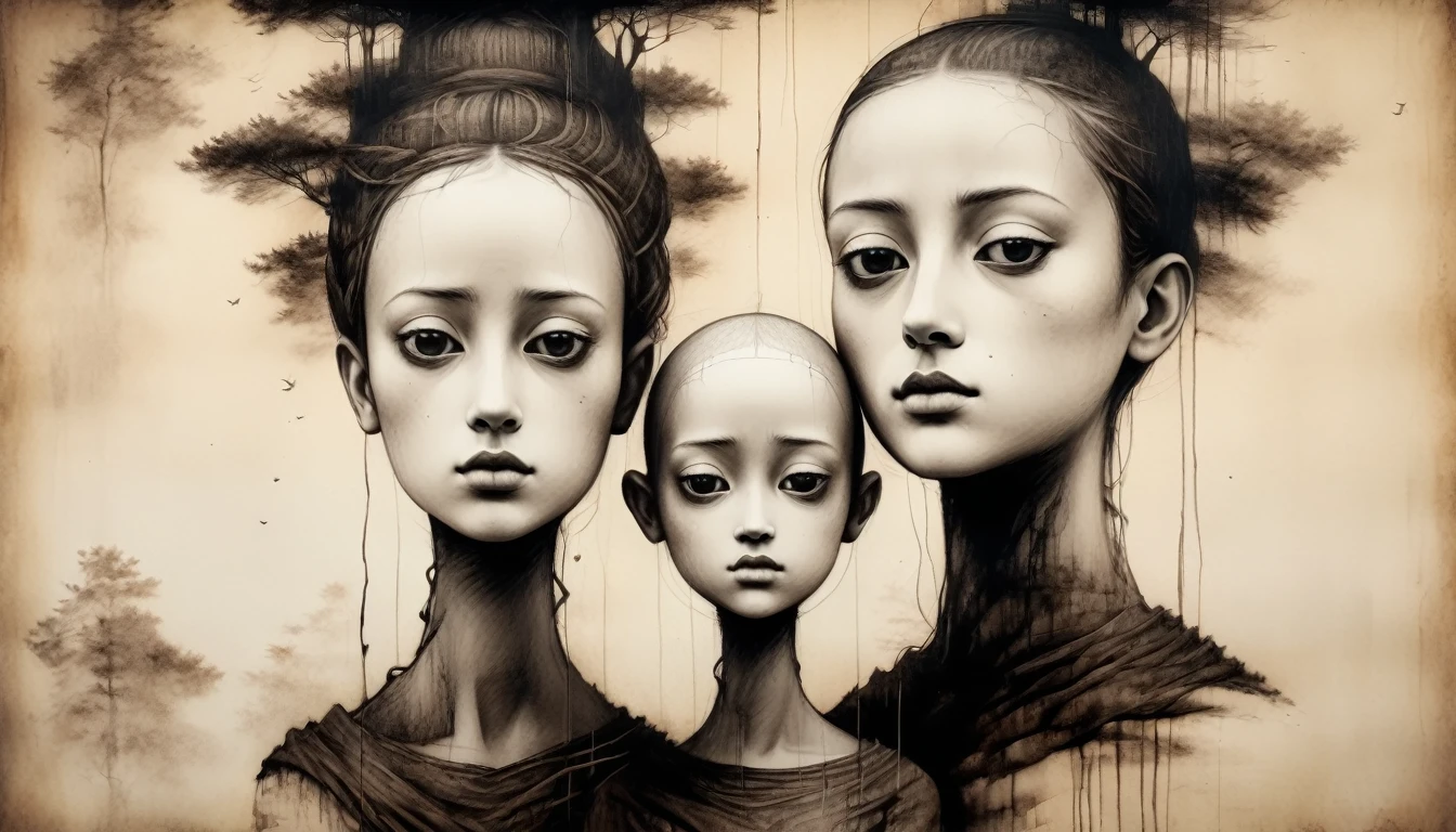 in sepia-toned, (best quality, 4k, high resolution, masterpiece: 1.2), (ultra-detailed, realistic), Surreal, monochromatic image featuring three individuals with unique and unsettling appearances. The central figure has a large, cube-like structure covering their head, with a single, prominent eye in the middle. Their skin is pale, and their lips are dark, creating a stark contrast. The two figures on either side have bald heads with cracked, porcelain-like skin, giving them a doll-like appearance. The background is dark and textured, adding to the eerie and mysterious atmosphere of the scene.. photorealistic, cinematic film, Ultra detailed, RAW photo, cinematic, artstation style, concept art, black and white, realistic textures, 3D rendering