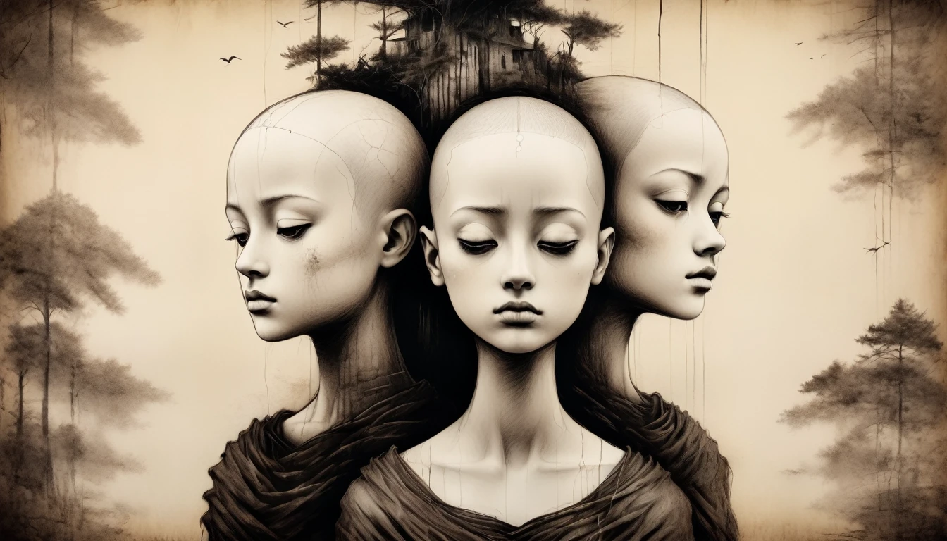 in sepia-toned, (best quality, 4k, high resolution, masterpiece: 1.2), (ultra-detailed, realistic), Surreal, monochromatic image featuring three individuals with unique and unsettling appearances. The central figure has a large, cube-like structure covering their head, with a single, prominent eye in the middle. Their skin is pale, and their lips are dark, creating a stark contrast. The two figures on either side have bald heads with cracked, porcelain-like skin, giving them a doll-like appearance. The background is dark and textured, adding to the eerie and mysterious atmosphere of the scene.. photorealistic, cinematic film, Ultra detailed, RAW photo, cinematic, artstation style, concept art, black and white, realistic textures, 3D rendering