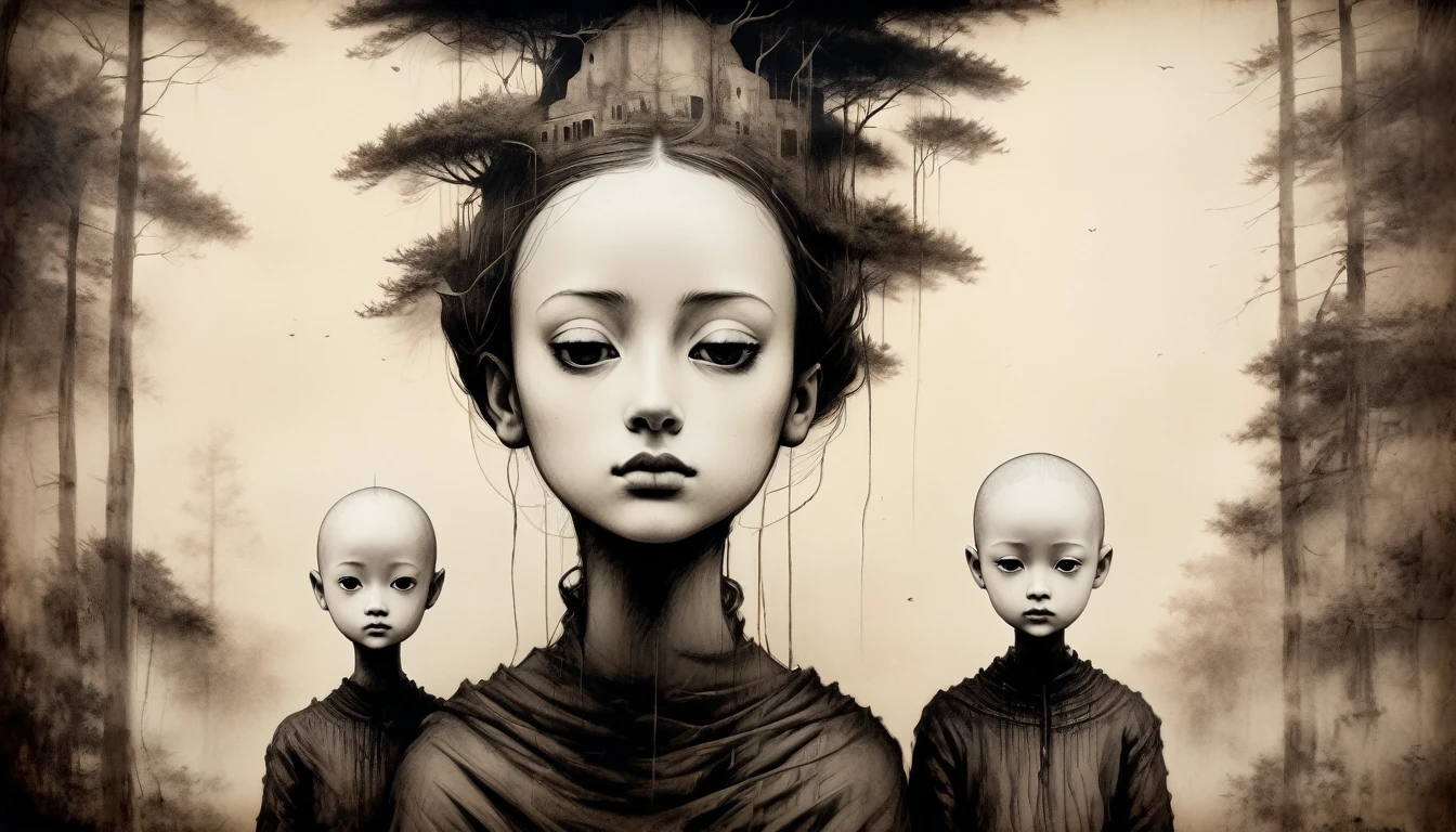 in sepia-toned, (best quality, 4k, high resolution, masterpiece: 1.2), (ultra-detailed, realistic), Surreal, monochromatic image featuring three individuals with unique and unsettling appearances. The central figure has a large, cube-like structure covering their head, with a single, prominent eye in the middle. Their skin is pale, and their lips are dark, creating a stark contrast. The two figures on either side have bald heads with cracked, porcelain-like skin, giving them a doll-like appearance. The background is dark and textured, adding to the eerie and mysterious atmosphere of the scene.. photorealistic, cinematic film, Ultra detailed, RAW photo, cinematic, artstation style, concept art, black and white, realistic textures, 3D rendering