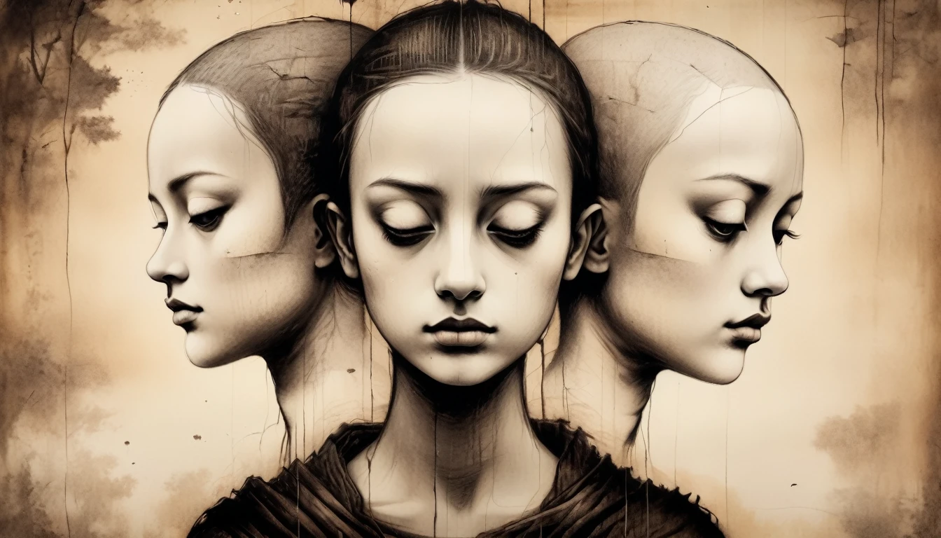 in sepia-toned, (best quality, 4k, high resolution, masterpiece: 1.2), (ultra-detailed, realistic), Surreal, monochromatic image featuring three individuals with unique and unsettling appearances. The central figure has a large, cube-like structure covering their head, with a single, prominent eye in the middle. Their skin is pale, and their lips are dark, creating a stark contrast. The two figures on either side have bald heads with cracked, porcelain-like skin, giving them a doll-like appearance. The background is dark and textured, adding to the eerie and mysterious atmosphere of the scene.. photorealistic, cinematic film, Ultra detailed, RAW photo, cinematic, artstation style, concept art, black and white, realistic textures, 3D rendering