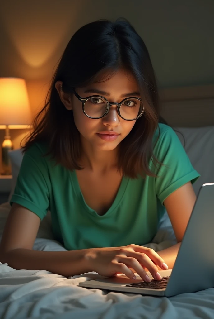 A 21 years indian girl with round shape spectacles is studying python on bed. Straight hair. Sweet eyes. Wearing green T-shirt.