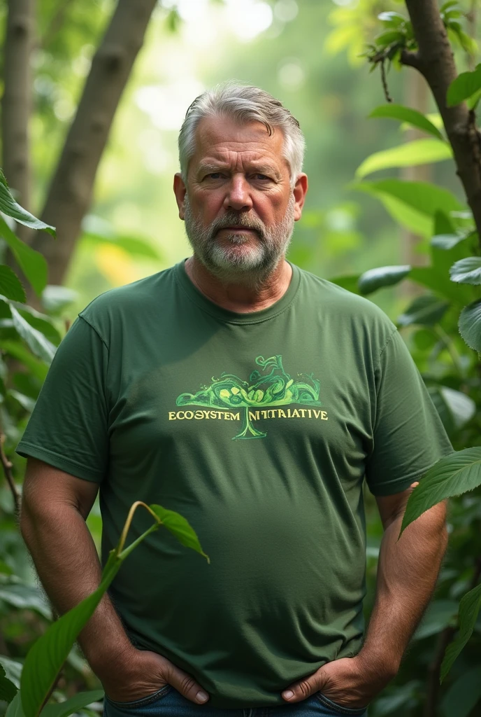 Create an image of a man conserving the environment with a t shirt written Green ecosystem initiative