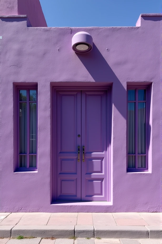 Purple açaí shop facade, a window slab on each side of a door