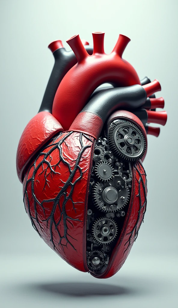 "A split-screen image with one side showing a realistic heart in action, pumping blood through vibrant, branching vessels, and the other side showing a mechanical heart with gears and pistons, illustrating the idea of the heart as one of the most powerful pumps in the world."