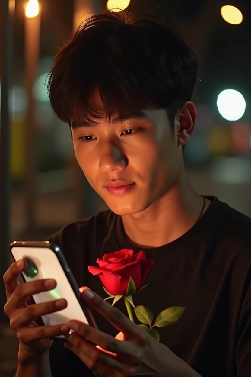 Scene Overview: A handsome young Thai man teenager with fair skin and an oval face, aged 20-25, and holding a phone in hand and red rose in hand Visual Elements: in the night