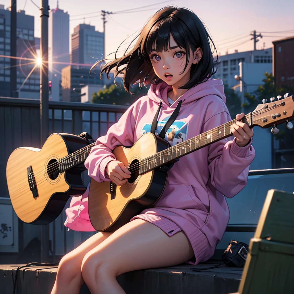 Girl with Guitar,hoodie one girl, High resolution, Bob Hair, Hide your ears, Open your mouth, Open your mouth a little, Pink eyes, Lonely, Feet out of frame, Focus: 35mm, Simple Background, earphone, Lens flare, Artistic, realism, Portrait Photography, 日本のIllustrationスタイル, Illustration, Black Hair
