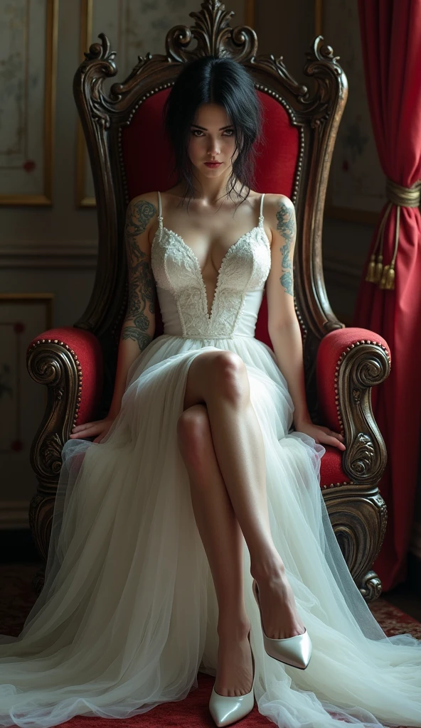 ada wong from in resident evil beautiful young girl,4k,ultra detailed,tattoo,smoke,expressive beautiful,younger,tattoo,wearing fantasy white dress, wearing fantasy white high heels,sitting on the throne,crossed legs,sexy,make-up