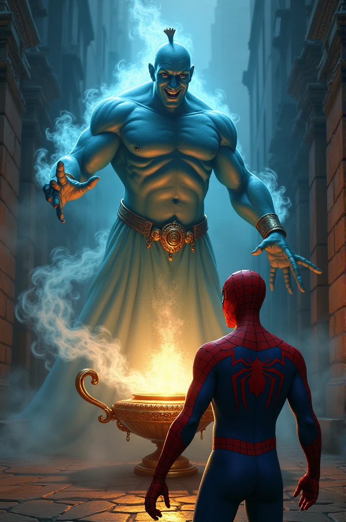 A genie in a lamp scaring Spider-Man