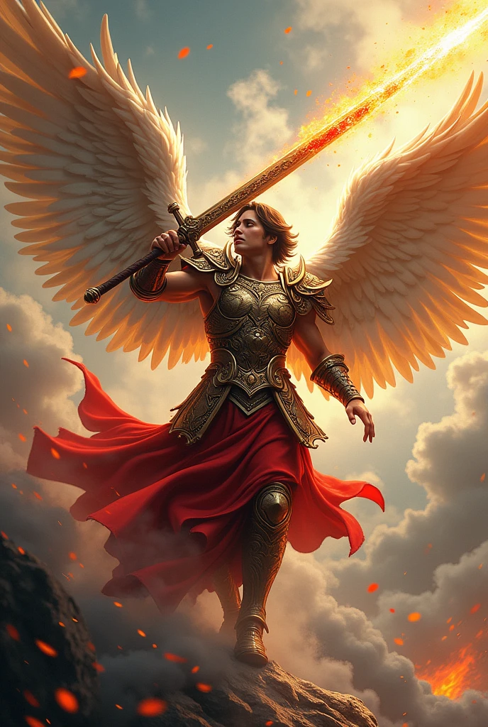 Saint Michael the Archangel wearing Roman armor and his fiery stay fighting evil with detail from Japanese pop culture(sleeved)