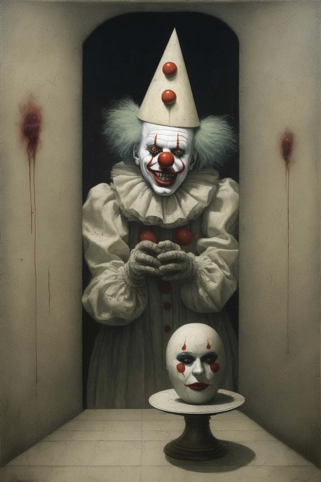 Santiago Caruso Style - An evil clown looking at a menger sponge