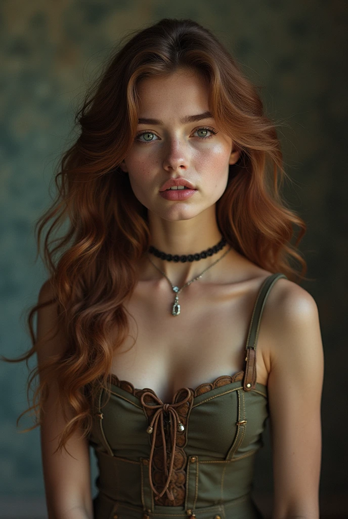 fundo escuro, Foto hiper real de ((beautiful young russian girl inside a barn full of zombies wearing a torn and worn out cotton top)), escapes de the pursuit of a scary zombie, abdomen, modelo posando, ((rosto e olhos realistas detalhados)), ((Emily Bloom, cabelo vermelho)), Cinematic lighting, 8k resolution, (model shoot style), sunset, (de_abaixo:1.4), macio pequeno coberto por (ripped and torn cotton tank top), seios naturais