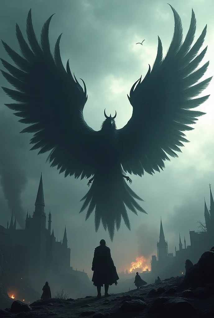 A large black wing with a kingdom in struggle behind it.