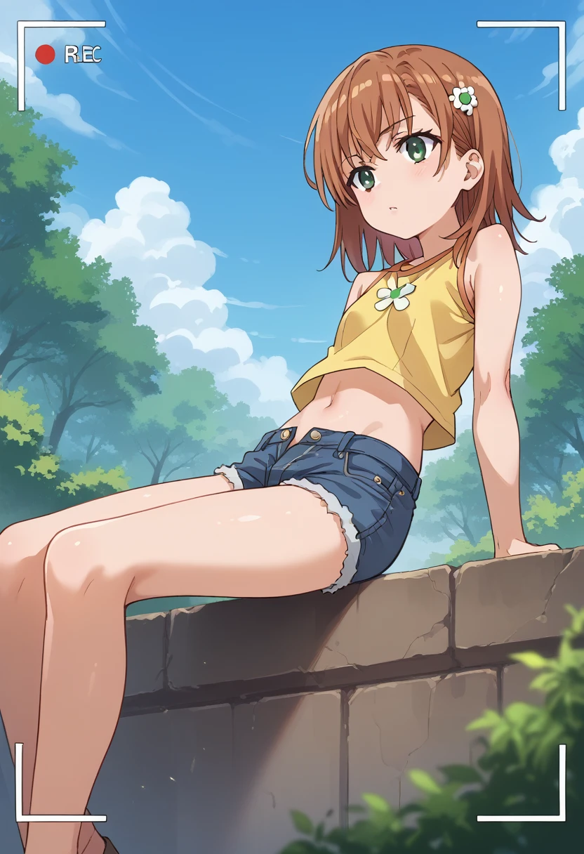 (The highest image quality, master piece:1.2), (Ultra Definition Illustration), BREAK, Mikoto Misaka (1 girl:1.2), BREAK, Solo, (dreamy look:1.3), Full body, Round baby face, (Brown hair:1.2), BREAK, (sleeveless short yellow crop top, exposed midriff), (bare thighs), (daisy dukes), (bare shoulders, bare arms), BREAK, in a forest, camera shot from below