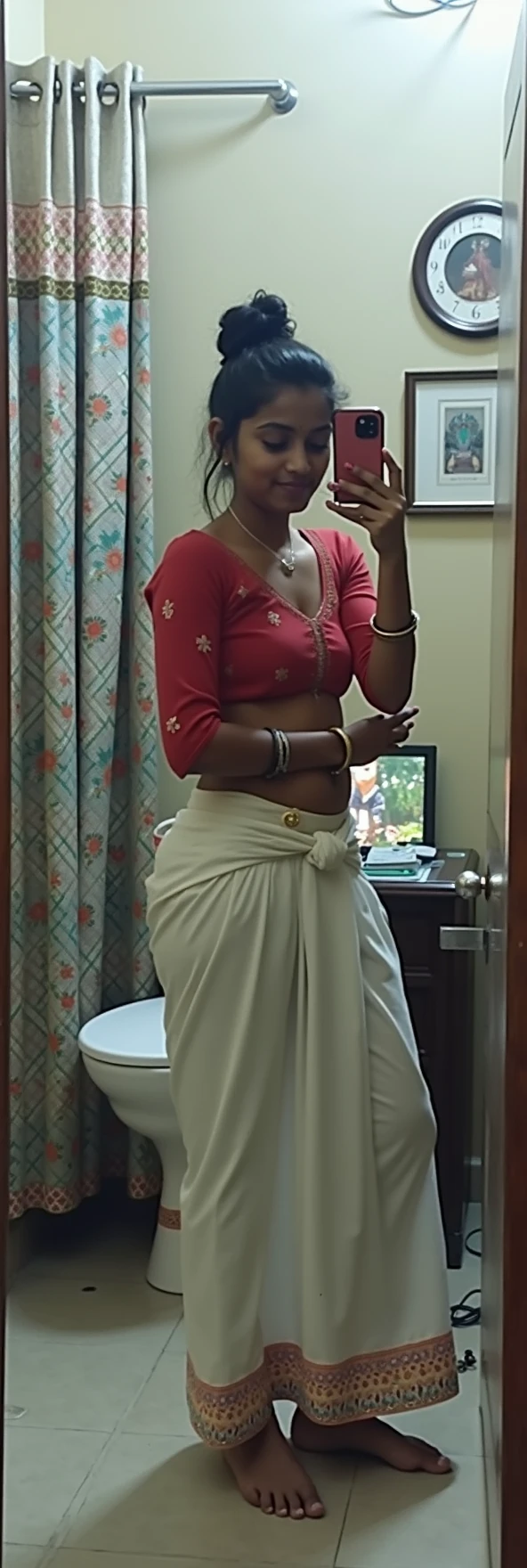 an Indian girl taking selfie in a mirror with her phone vertically right above her face, in a red blouse with her belly visible and a white plazo , inside a house , with her black hair tied like a bun