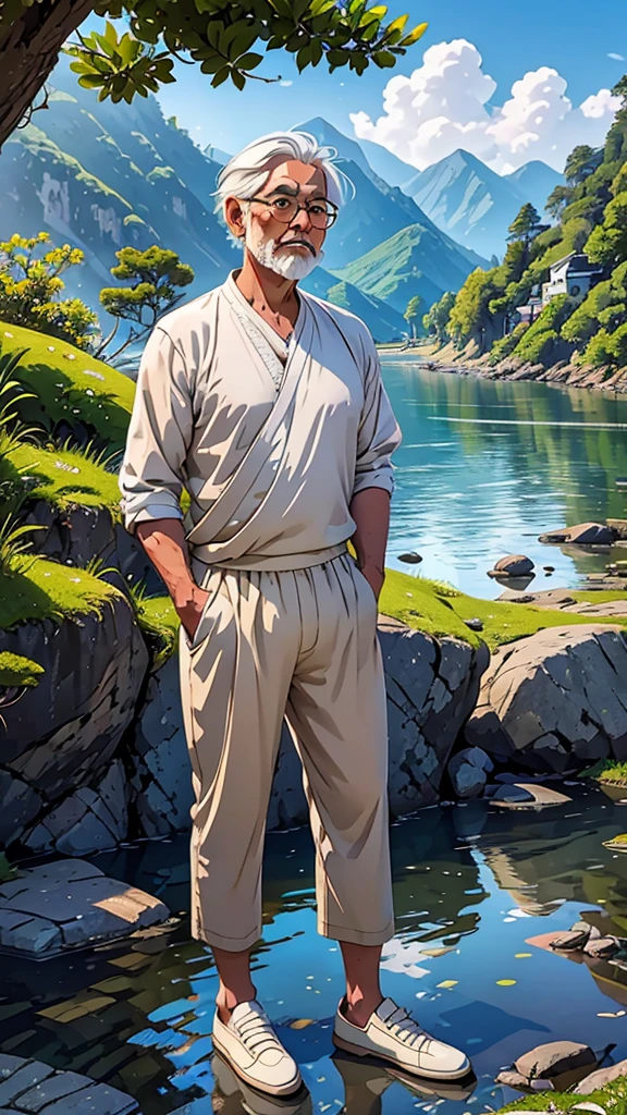 Create a high-quality anime-style image featuring an elderly man standing on a rocky cliff by the sea. The man has white hair, a beard, and is wearing round glasses. He is dressed in a white shirt, beige pants rolled up at the ankles, and white sneakers. His posture is relaxed, with his hands in his pockets, gazing thoughtfully into the distance.
The background consists of a clear blue sky filled with fluffy, white clouds. Below the cliff, there is a calm sea with boats and a small coastal village nestled at the foot of green, mountainous terrain. The scene captures a peaceful, reflective moment, with vibrant colors and detailed shading to emphasize the tranquil and contemplative atmosphere.