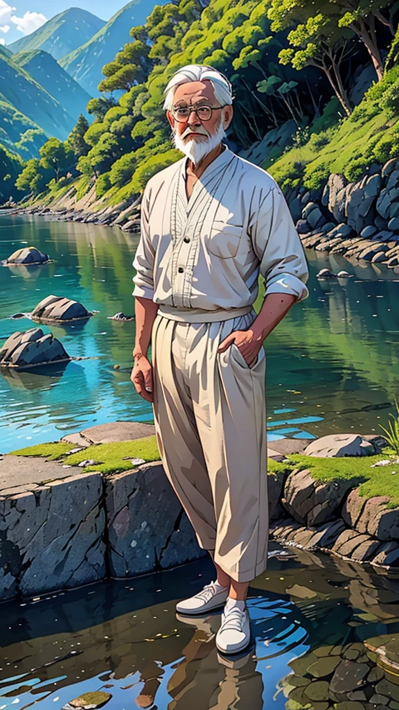 Create a high-quality anime-style image featuring an elderly man standing on a rocky cliff by the sea. The man has white hair, a beard, and is wearing round glasses. He is dressed in a white shirt, beige pants rolled up at the ankles, and white sneakers. His posture is relaxed, with his hands in his pockets, gazing thoughtfully into the distance.
The background consists of a clear blue sky filled with fluffy, white clouds. Below the cliff, there is a calm sea with boats and a small coastal village nestled at the foot of green, mountainous terrain. The scene captures a peaceful, reflective moment, with vibrant colors and detailed shading to emphasize the tranquil and contemplative atmosphere.