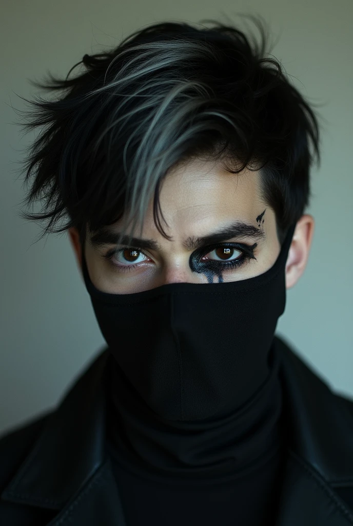 Dark young man, black hair with a small white streak. He wears a mask covering his nose and mouth. There is a deep scar on his left eye and it is clear that this eye is blind because its iris is white and opaque.. The right eye has a completely black iris.. PICTURE REALISTIC.