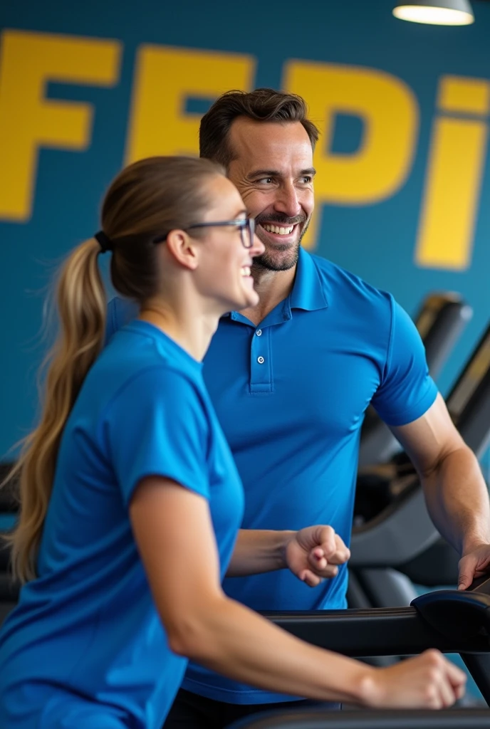 Imagine a muscular trainer wearing a blue shirt motivating a slightly overweight student who is running on a treadmill wearing a blue shirt. . Make it with a background written FEPI with the colors blue and yellow.
