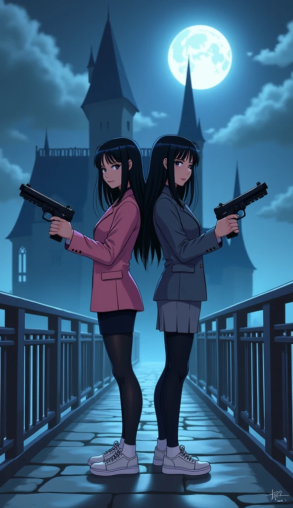 Two womens long black hairs, yuri,
(The first women wear a pink suit, black shirt, pink pencil skirts, black tight, white socks, white sneakers)
(The second women wore a grey suit, black shirt, grey pencil skirts, black tights, white socks, white sneakers)
holding a handguns, back to back on the long foggy bridge, smiles, night vampire castle, fantastic night sky, moon, cartoon novel, 4K, HD