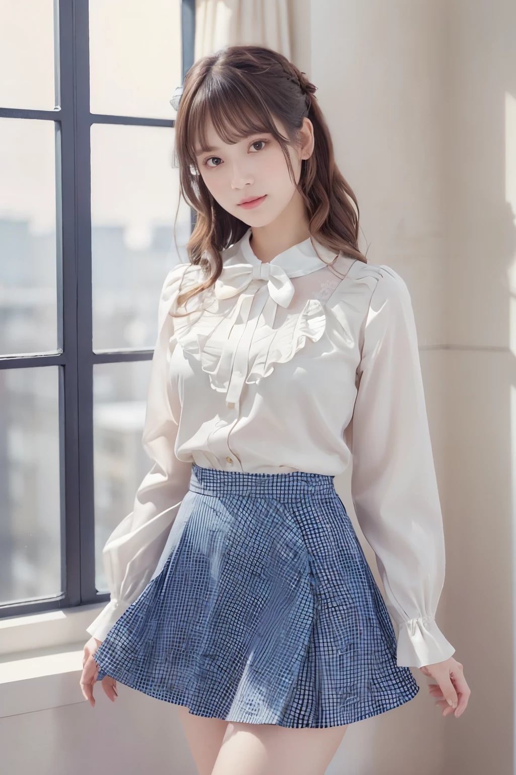 (indoor), (Window), (masterpiece), (最high quality), (Very detailedな), (Best Shadow), (photoRealistic:1.4), Frilled blouse, skirt, white ankle socks, high quality, masterpiece, Very detailedな, High resolution, 4K, 超High resolution, Detailed Shadows, Ultra-realistic, Dramatic lighting, One Girl, alone, Detailed face, Realistic eyes, Realistic Skin, Dynamic Hair, Dynamic pose, Dynamic Angle, White floral dress, White Background, Urzan-6500-v1.1, (RAW Photos:1.2), ( Realistic:1.4), Beautiful detailed girl, Very detailed eyes and face, Beautiful attention to detail, Ridiculous, incredibly Ridiculous, Large file size, Very detailedな, High resolution, Very detailed, 最high quality, (Bright interior), (Soft Light), (Low contrast), (Shallow depth of field), (portrait of a beautiful woman illuminated by gentle light), (Very delicate and elegant depiction), (Short bangs), (Hair color is dark chestnut with a slight brown tinge), (Hair with subtle and gentle waves), (Decorated with thin ribbons), ( White blouse with small frills), (bow tie), (青いロングskirt), (White short ankle socks), shape, Very detailed, CG, Unified, 8k wallpaper, wonderful, Finer details, 最high quality, Very detailed CG Unified 8k wallpaper, Face Light, Cinema Lighting,