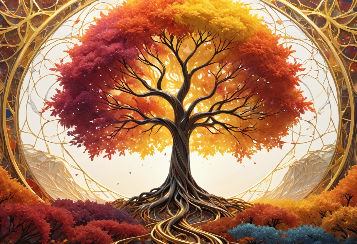 (Evolution of life)、fibonacci、the golden ratio、melted wax、Visible brushstrokes、3D Mosaic Wireframe、neural graph、neurons、the tree of life、Farbe、Tenderness、passion、ultra high definition、8k hd、Masterpiece artwork, metallized sheets, autumn colors