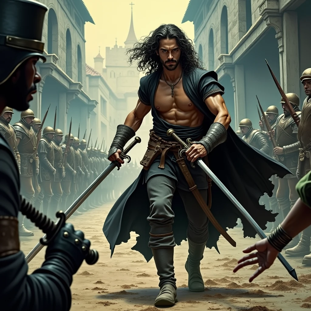 Sword duel of shirtless Solomon Kane with a 16th century English army captain. Set in a barracks surrounded by soldiers. Frazetta art.