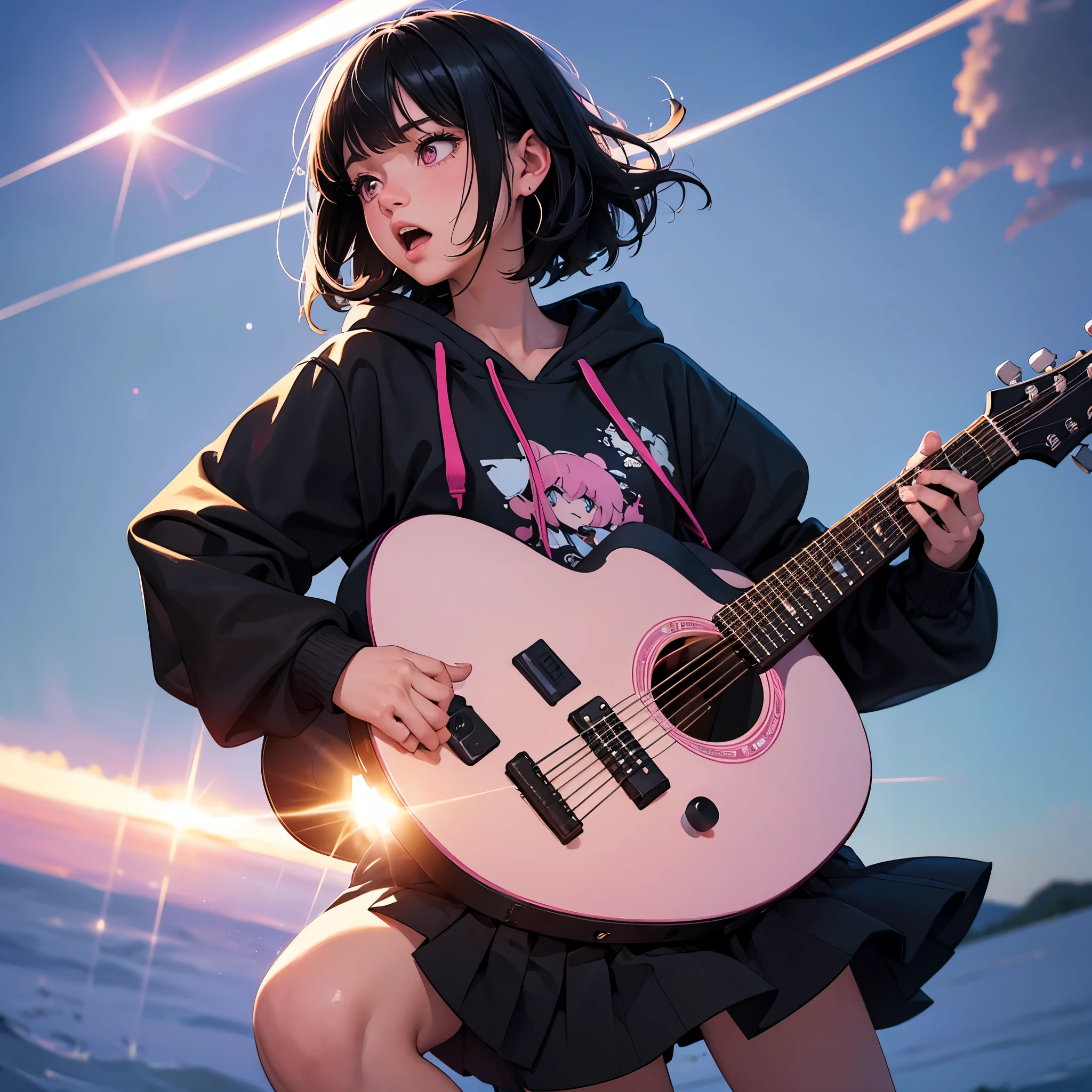 Girl with Guitar,hoodie one girl, High resolution, Bob Hair, Hide your ears, Open your mouth, Open your mouth a little, Pink eyes, Lonely, Feet out of frame, Focus: 35mm, Simple Background, earphone, Lens flare, Artistic, Realism, Portrait Photography, Japanese Illustration Style, Illustration, Black Hair