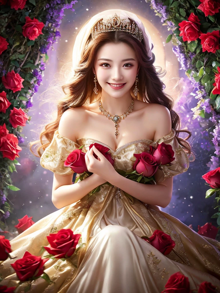 Highest quality masterpiece A very beautiful woman with lots of roses on her dress and in her arms Photo style Real smile Fantasy