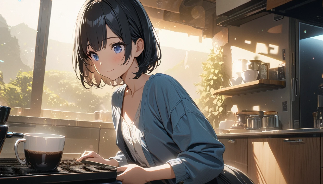 ((ultra-detailed))/three women: (one women with short black hair and bob hair.、beautiful blue eyes,.、smile、gentle smile on her face、flat chest, one Beautiful girl,((masterpiece, illustration, best quality) ((ultra-detailed))/),a girl at her kitchen making a cup of coffee during the morning,濃い青とBeautiful Blueのグラデーション, High resolution, 8K HD detail, hyper-detail, cinematic, surrealism, soft light, deep field focus bokeh, ray tracing and surrealism. --v6