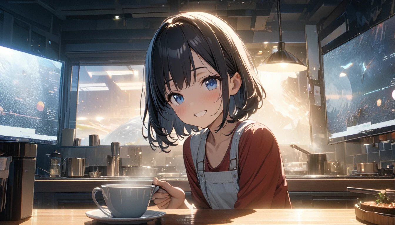 ((ultra-detailed))/three women: (one women with short black hair and bob hair.、beautiful blue eyes,.、smile、gentle smile on her face、flat chest, one Beautiful girl,((masterpiece, illustration, best quality) ((ultra-detailed))/),a girl at her kitchen making a cup of coffee during the morning,濃い青とBeautiful Blueのグラデーション, High resolution, 8K HD detail, hyper-detail, cinematic, surrealism, soft light, deep field focus bokeh, ray tracing and surrealism. --v6