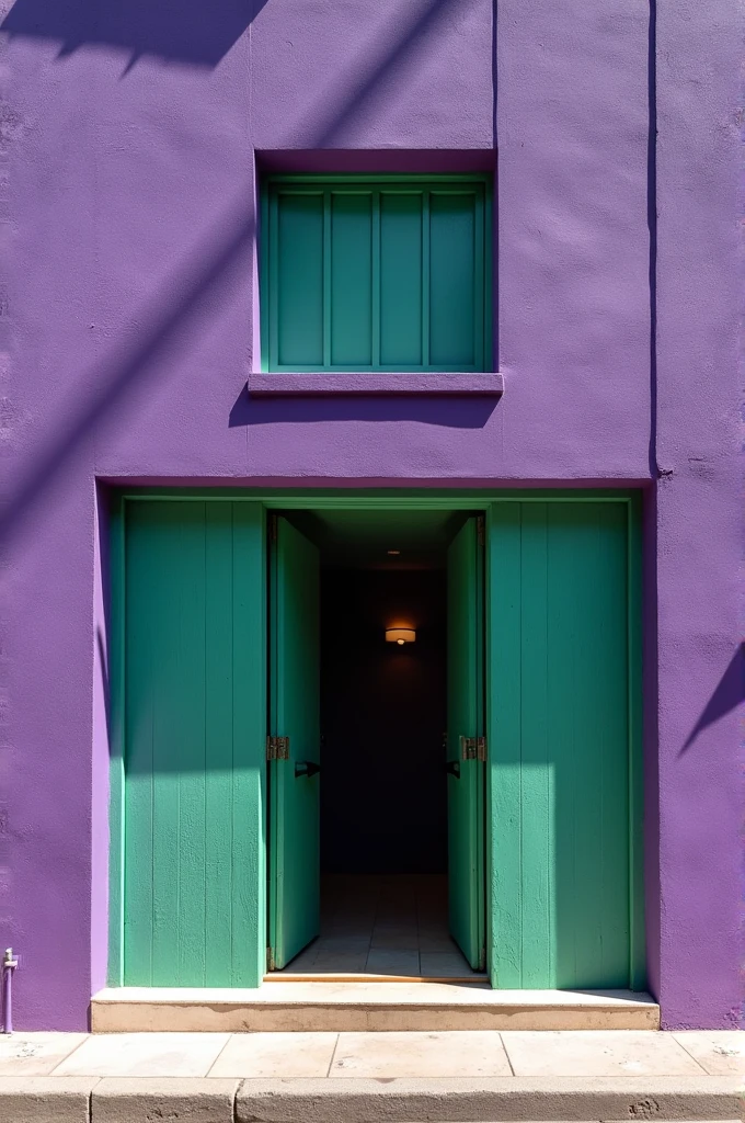 Purple and green açaí shop facade, a window slab on each side of a door