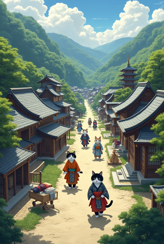 Make cats act like people in a village, living the daily life of feudal Japan, with them working, harvesting fields, taking carts, making exchanges in the village... Etc. Make a beautiful mountain village.