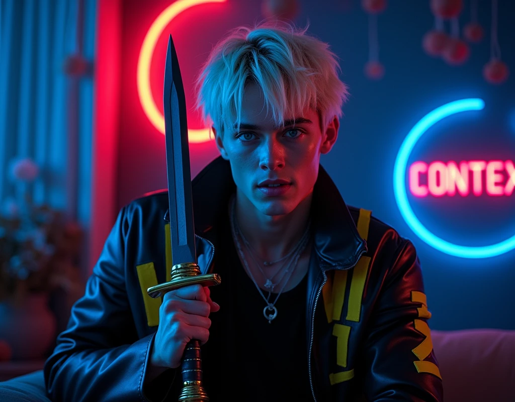 male model,181cm tall, 22 years, pale skin, blue eyes, short platinum blond messy hair with side swept bangs, black leather asymmetrical zip jacket with yellow and bright blue leather accents, holding a dagger up:1.2, dark lighting, inside luxury BDSM room, evil smirk expression, inhuman shark teeth, neon red crescent moon and blue neon sign in background that says "CONTEXT"