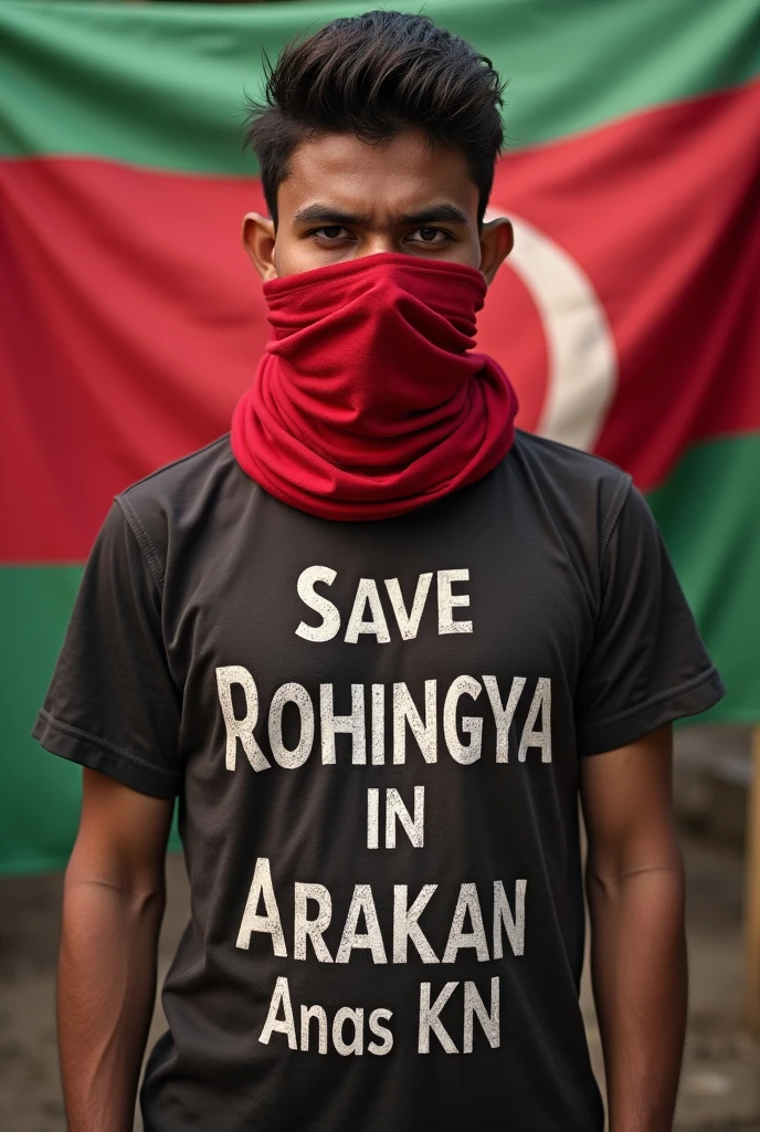 A 23-year-old boy in front of the Rohingya flag on the back. Wearing the T-shirt of Save Rohingya in Arakan. The T-shirt has 'Anas KN' written in English and the face and eyes are covered in red cloth.