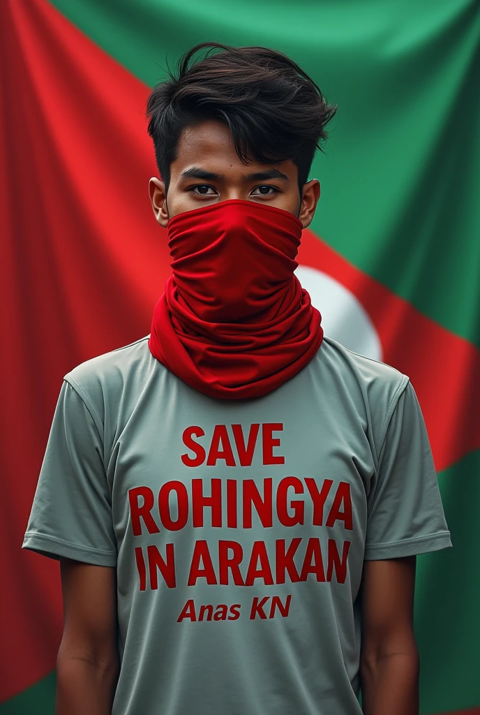 A 23-year-old boy in front of the Rohingya flag on the back. Wearing the T-shirt of Save Rohingya in Arakan. The T-shirt has 'Anas KN' written in English and the face and eyes are covered in red cloth.