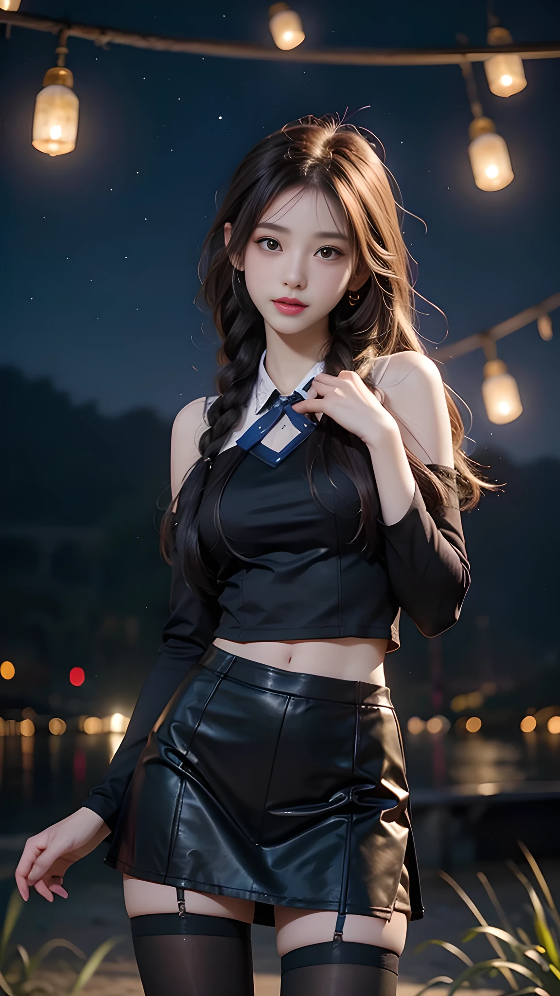 ulzzang-6500-v1.1, (RAW photo: 1.2), (Real photo), (Real photo: 1.4), 1 girl、Perfect anatomy、19 years old、Looking at the camera、Medium length hair、side braids, uniform short skirt, in a surreal royal garden, with many hanging lanterns, under the starry night sky, ((starry night: 1.1))、(Surreal tights: 1.2), (Business service)、Asian eyes Ella,