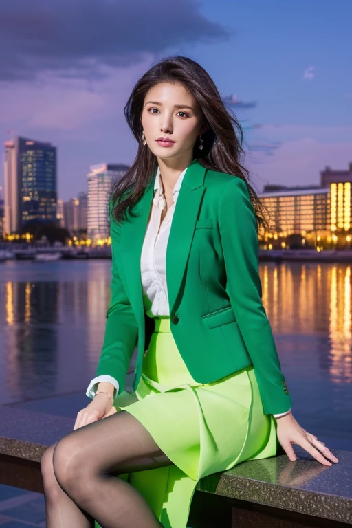 ((Highest quality、Ultra-high resolution、masterpiece))、(Full Body Portrait)、Light Green Blazer、(Business Blouse:1.1)、(Light Green Long Skirt:1.4)、(silk pantyhose:1.1)、(Sitting with legs together、Her high heels and legs look beautiful)、1 girl、(Perfect Anatomy, Perfect body, Perfect hands, Perfect Face, Perfect Eyes, Accurate, Anatomically correct), Perfectly clear and sharp focus, ((Highest quality、Ultra-high resolution, masterpiece, Ultra-realistic))、Mid-chest、Modern architecture at night on the background、Professional Lighting